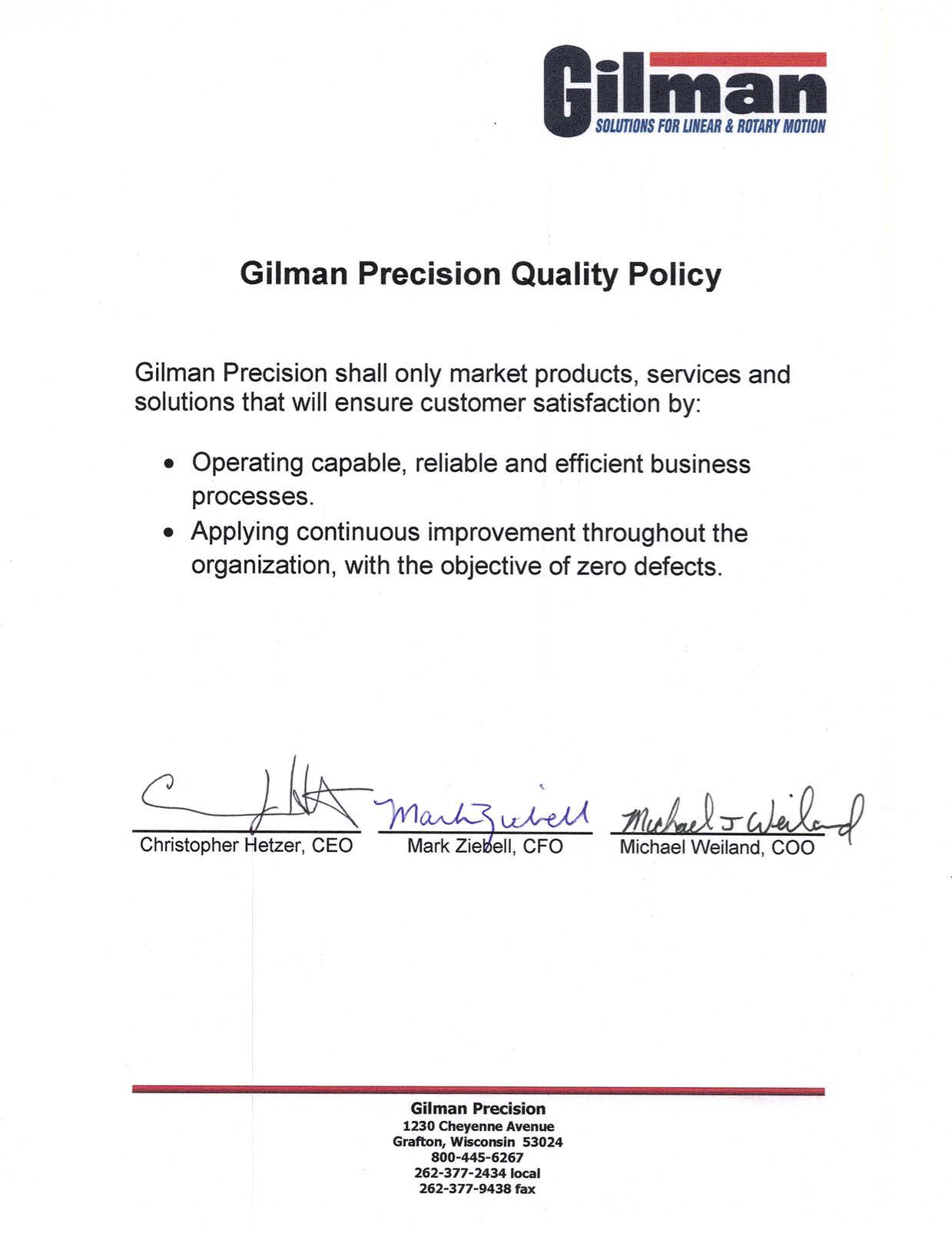 Gilman Precision Quality Policy